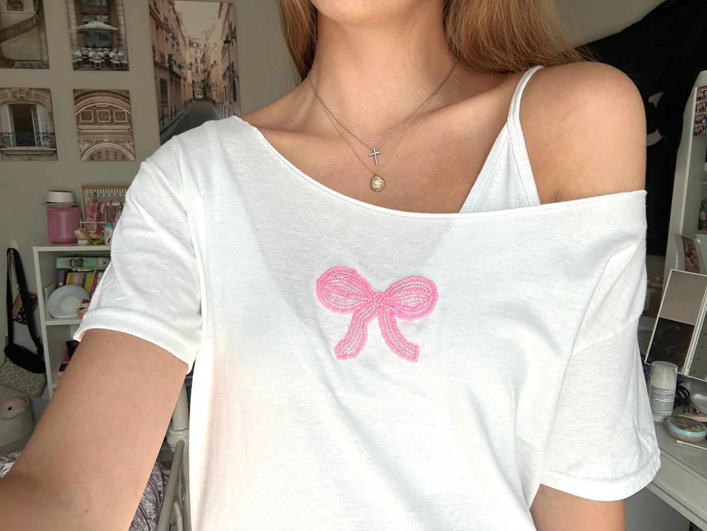 Pink Bow Bead Embroidered Baby Tee
